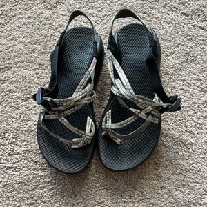 Grey and white Chacos